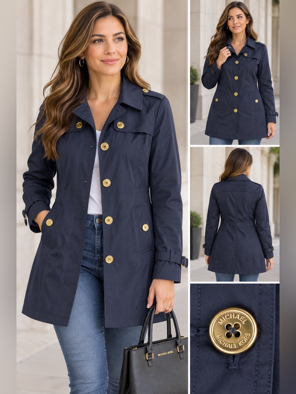Michael Michael Kors Navy Blue Trench Coat Gold Buttons Women’s Size L